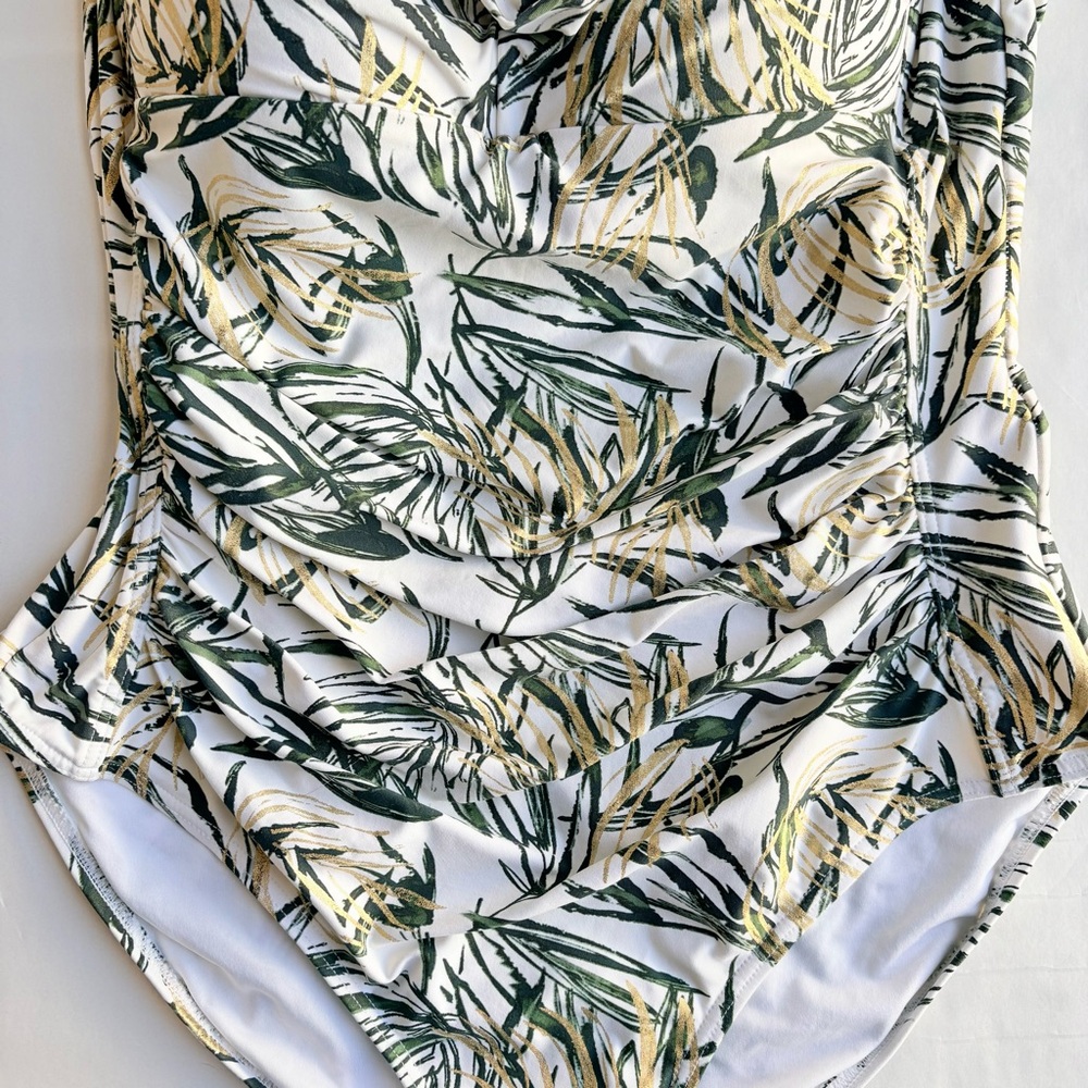 Niptuck Swimsuit One Piece Green Gold Tropical Leaf Padded Ruched Lined Size 10 - Picture 3 of 16